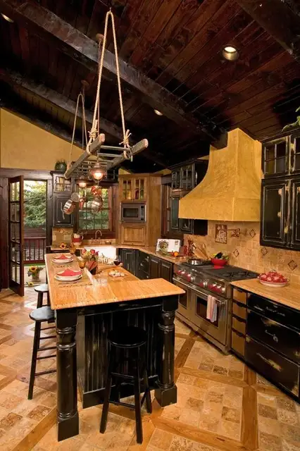 rustic-kitchen-over-island-recycle-ladder-light-fixture