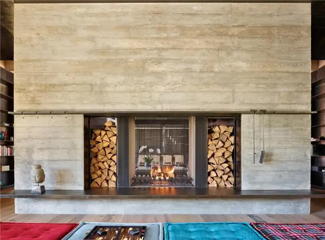 Whistler Ski House Olson Kunding Cabin - бетонный камин для двухстороннего использования и хранения поленьев