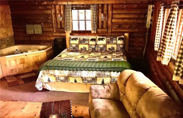Спальня в деревянном домике Streamside с ванной