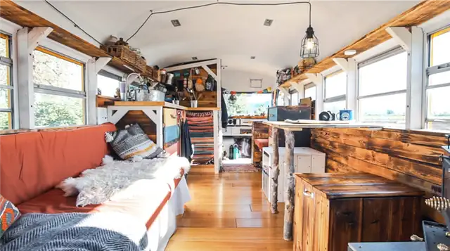 Awesome School Bus Conversion Into Tiny House on Wheels- гостиная