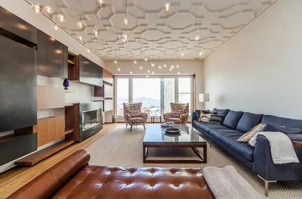 living-room-unique-ceiling-design-with-cords-pendant-lights