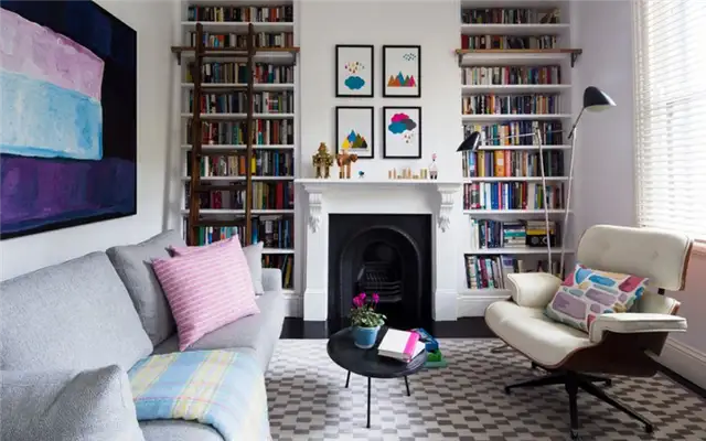 eames-chair-and-library-in-living-room