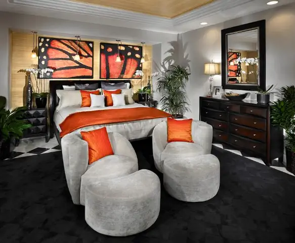 bold-power-on-dark-bedroom-orange-accents