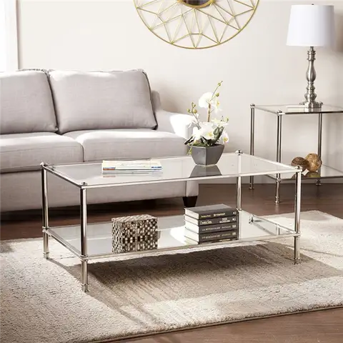 SEI Paschall Glam Rectangular Cocktail Table Mirrored Shelf & Glass Tabletop