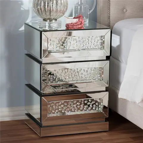 Baxton Studio Stephanie Hollywood Regency Glamour Style Mirrored 3-Drawer Nightstand