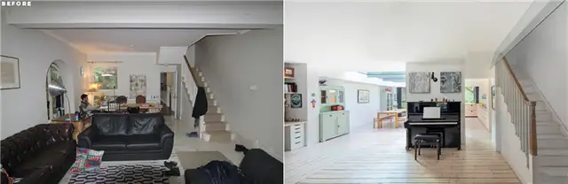London House Extension - The Coach House by Studio 30 Architects - гостиная до и после