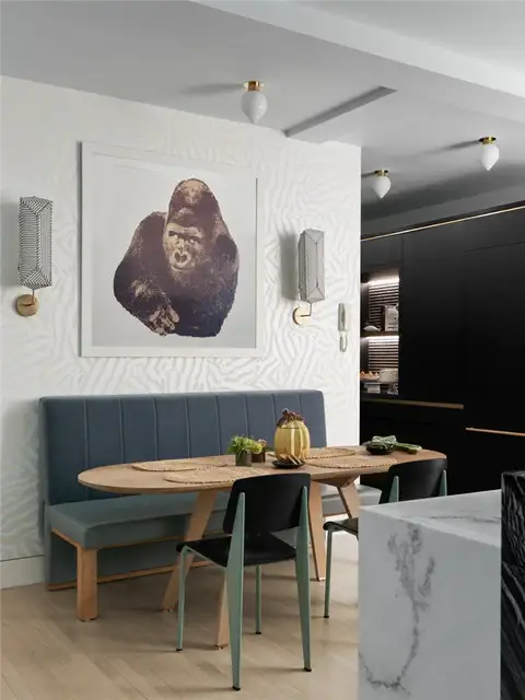 Laura and Jason Schwalbe Apartment Redesign by MKCA - скамейка для сидения в кухонной зоне