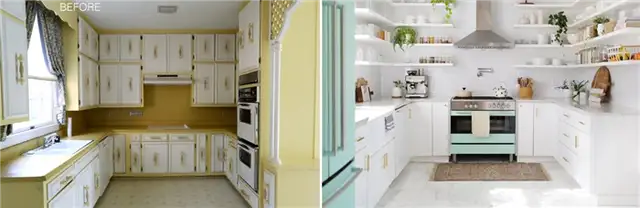Переделка кухни до и после с бирюзовыми акцентами