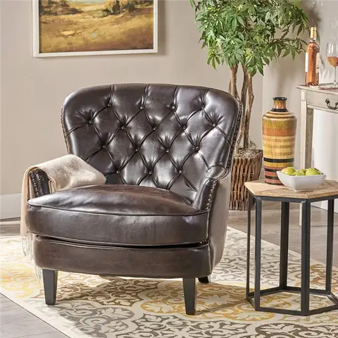 lfred Tufted Brown Bonded Leather Club