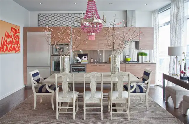 beautiful-kitchen-design-with-pink-chandelier-and-table-decoration