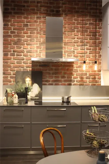 nolte rustic brick backsplash with stainless steel