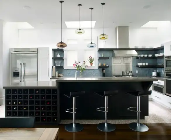 black-kitchen-featuring-some-colorful-pendant-lights